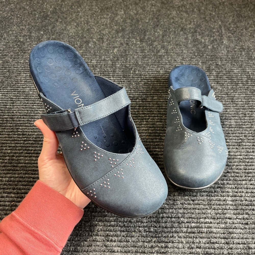 Vionic Clogs Women 10 Navy Blue Studded Mary Jane Orthotic Mules Arch Support
